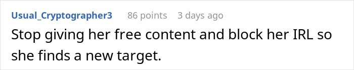 Text message screenshot with user advising to stop giving free content and block her IRL to prevent finding a new target on TikTok.