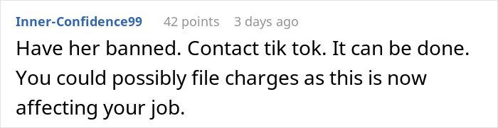 Commenter Inner-Confidence99 urging to ban TikTok user affecting someone's job amid family dispute and TikTok fame controversy.