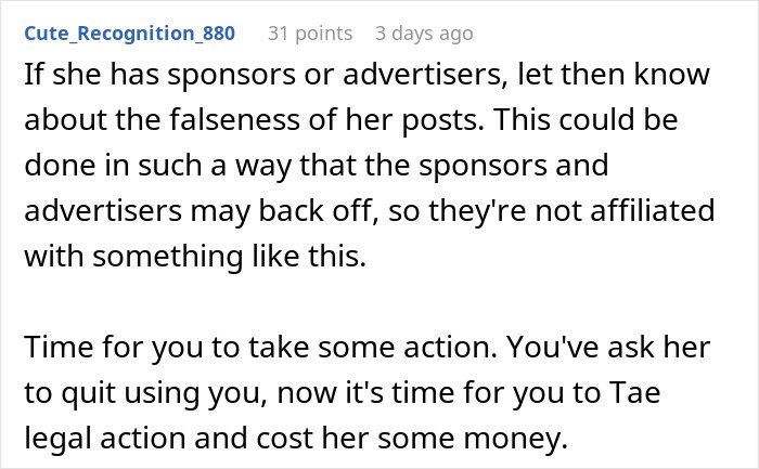 Screenshot of a social media comment urging legal action against a woman lying to build TikTok fame.