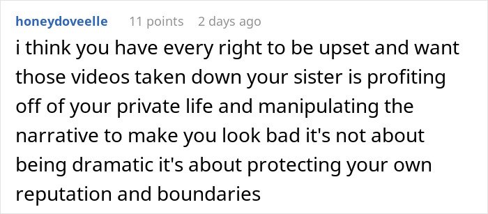 Screenshot of a social media comment about a woman upset her sister lied to build TikTok fame using her private life.