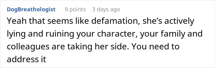Screenshot of a social media comment discussing defamation and lying affecting family and character online.