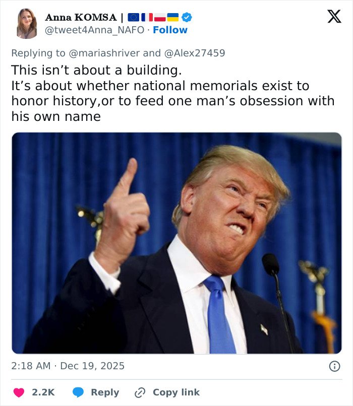 Former President Trump making a forceful gesture during a speech amid Kennedy Center renaming controversy.