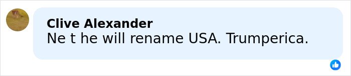 Comment by Clive Alexander expressing concern about USA renaming, seen on a social media platform discussing Kennedy Center renaming.