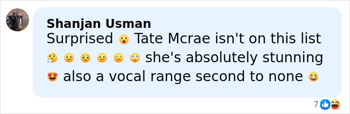 Comment mentioning surprise that Tate Mcrae is not listed among most beautiful celebrities according to the golden ratio with emojis.