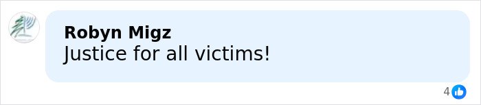 Comment by Robyn Migz saying Justice for all victims, related to chilling toddler's foot appearing beside Epstein in exposed files.