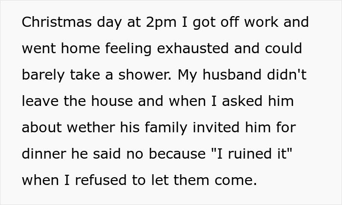 Text post describing exhaustion on Christmas day and conflict over family dinner invitation, related to reheating pizza leftovers for MIL.