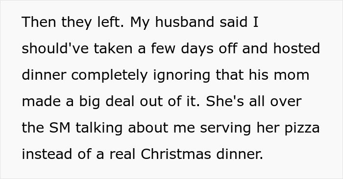 Text about woman reheating pizza leftovers for MIL at Christmas, facing criticism on social media for not hosting dinner.