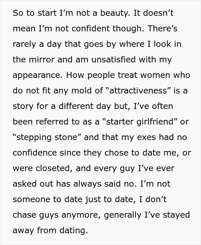Text revealing a woman’s feelings about her appearance and confidence after finding secret texts of fiancé complaining about her appearance.