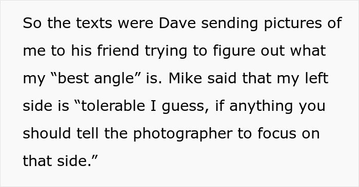 Screenshot of secret texts revealing fiancé complaining about woman's appearance and worrying about wedding photos angles.