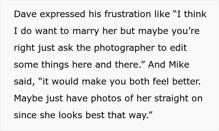 Text message conversation revealing fiancé’s concerns about wedding photos and appearance worries before the event.