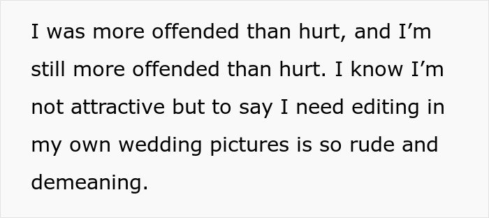 Text message revealing a woman offended by fiancé’s secret texts complaining about her appearance and wedding photos.