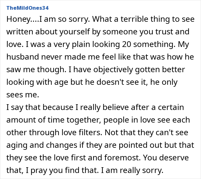 Text post expressing sympathy for a woman who found secret texts of fiancé worrying about her appearance before wedding photos.