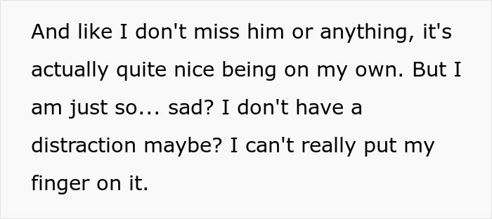 Text excerpt showing a woman feeling sad and reflecting on being on her own after finding secret texts from fiancé.