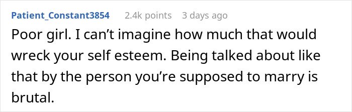 Comment about woman finding secret texts of fiancé complaining about her appearance and wedding photo worries.