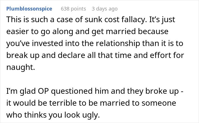 Screenshot of a Reddit comment discussing a woman finding secret texts of fiancé complaining about her appearance.