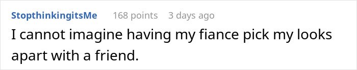 Screenshot of a Reddit comment about a woman finding secret texts of fiancé complaining about her appearance.