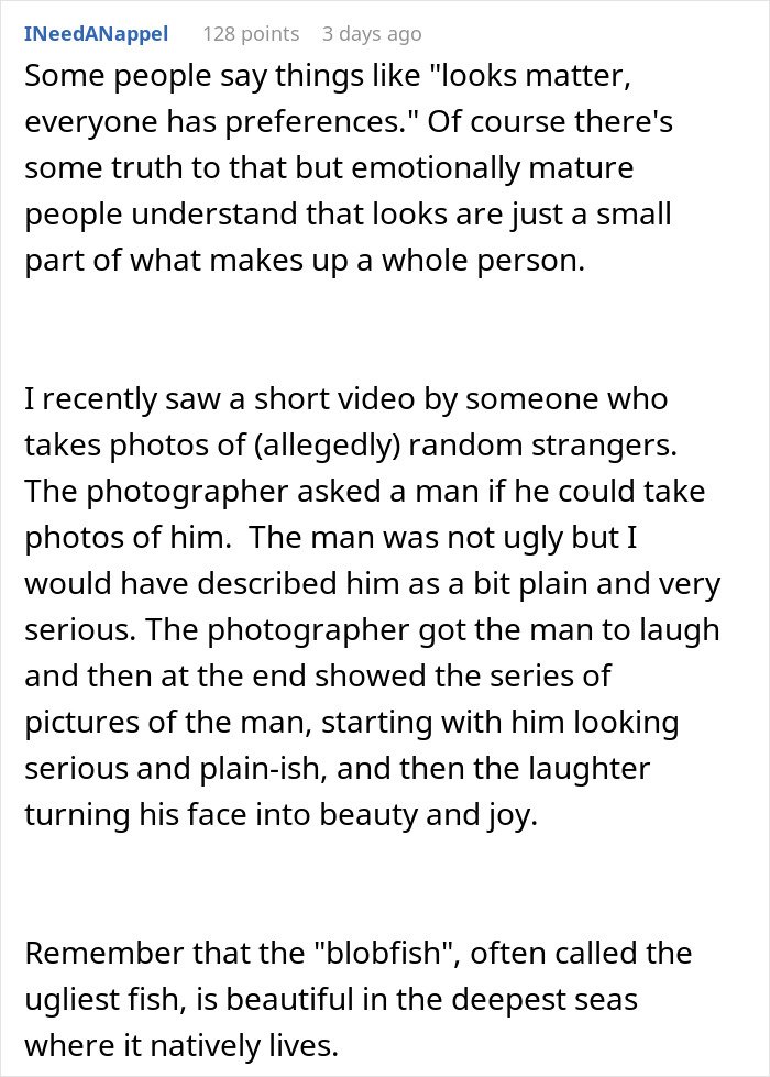 Text post discussing emotional maturity about appearance and a photographer capturing beauty and joy in photos of a plain man.