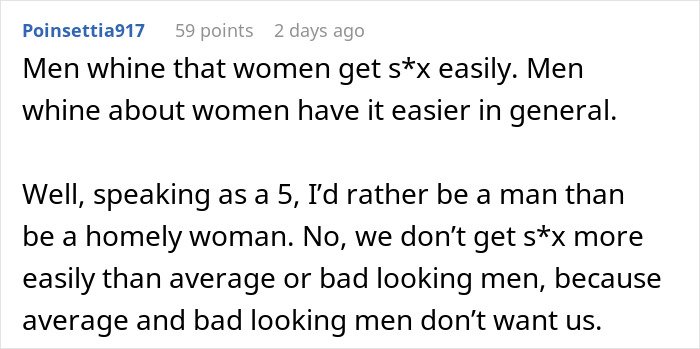 Screenshot of a Reddit comment discussing women's appearance and men’s complaints, related to secret texts and wedding photos.