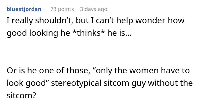 Screenshot of a Reddit comment discussing appearance and stereotypes related to women and men in relationships.