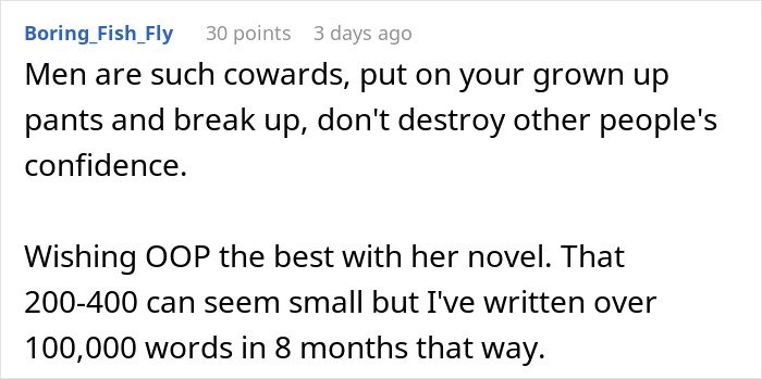 Screenshot of a Reddit comment about breaking up and confidence related to secret texts of fiancé complaining about appearance