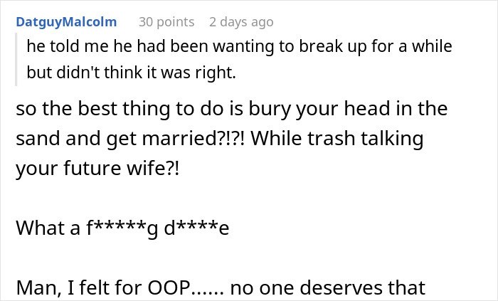 Screenshot of a comment discussing fiancé complaining about appearance and concerns over wedding photos.