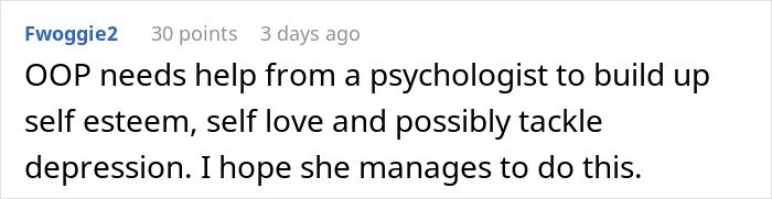 Comment discussing a woman seeking help for self-esteem and depression after finding secret texts from fiancé about appearance.