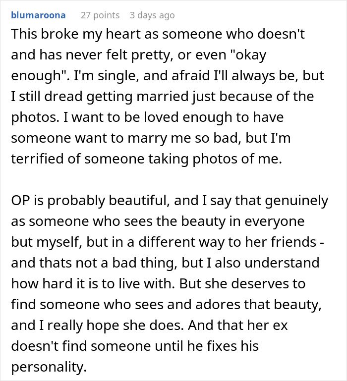Comment expressing feelings about a woman finding secret texts of fiancé complaining about her appearance and wedding photos.