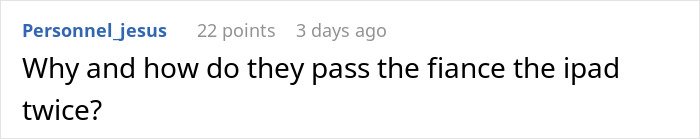 Screenshot of a social media comment discussing a fiancé receiving an iPad twice, related to secret texts and wedding concerns.