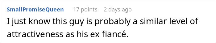 Screenshot of a social media comment discussing attractiveness related to fiancé and ex-fiancé in a relationship context.