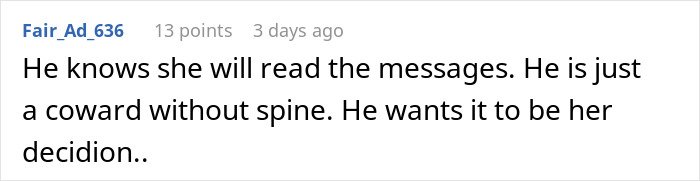 Screenshot of an online comment discussing a fiancé’s secret texts complaining about appearance before wedding photos.