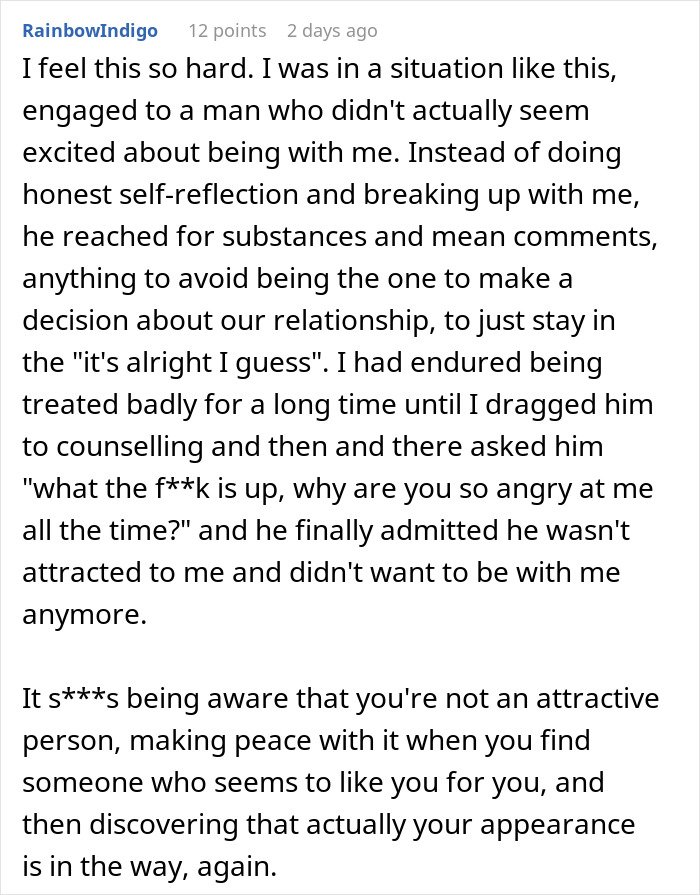 Woman shares experience of fiancé complaining about her appearance in secret texts, worried about their wedding photos.
