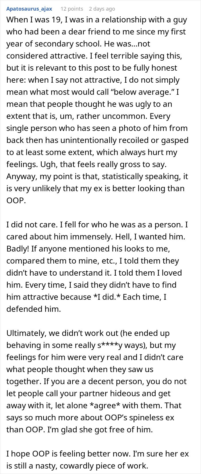 Screenshot of online text post about relationship struggles and partner’s unattractiveness concerns before wedding photos.