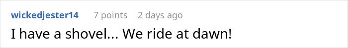 Screenshot of online comment showing a username and text expressing readiness to act at dawn in a casual font.