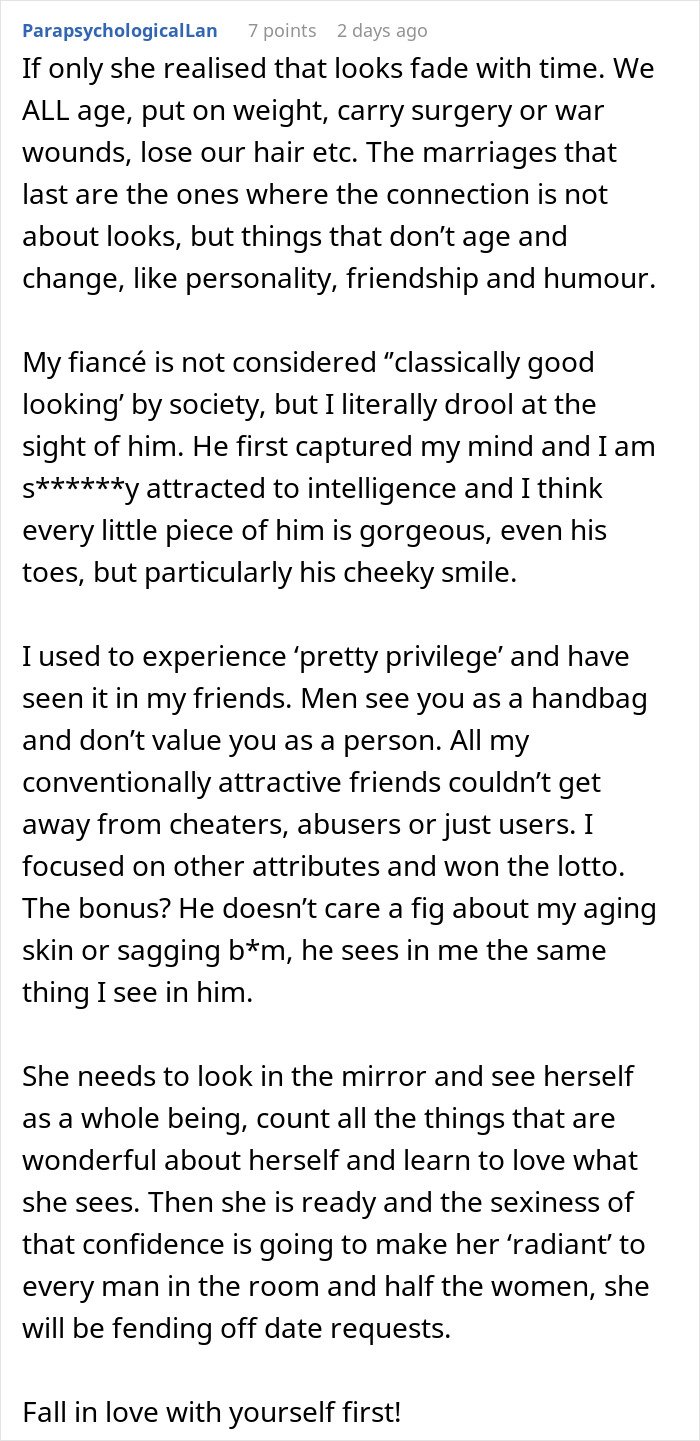 Screenshot of forum text discussing fiancé complaints about appearance and concerns over wedding photos.