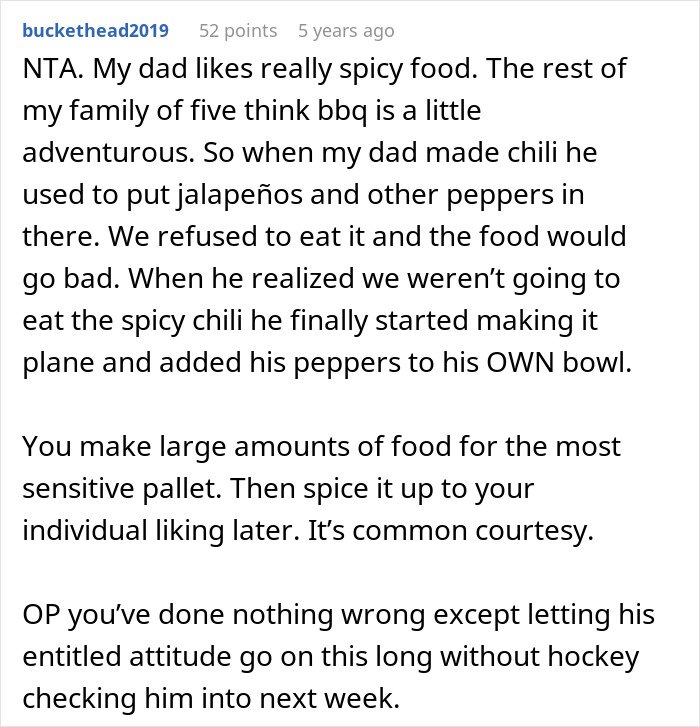 Comment discussing family reactions to spicy chili and how adding peppers to individual bowls shows common courtesy in relationships.