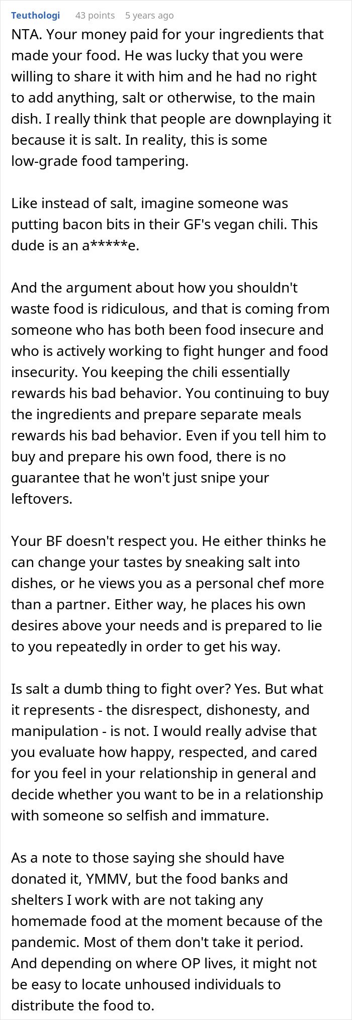 Text excerpt showing someone discussing disrespect and food tampering after boyfriend salts entire pot of chili.