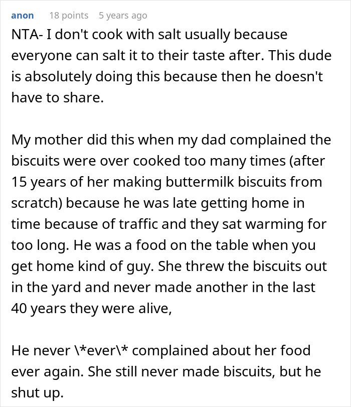 Comment discussing a woman rethinking her relationship after her boyfriend salts the entire pot of chili.