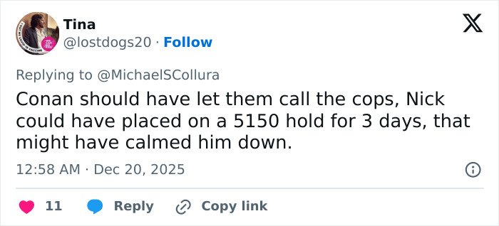 Screenshot of a tweet discussing Nick Reiner’s explosive fight and Conan O’Brien stopping a 911 call at a party.