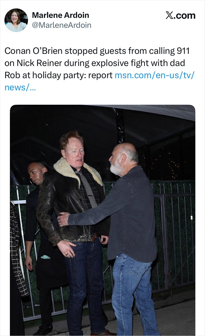 Conan O’Brien intervening to stop 911 call during Nick Reiner’s intense fight with dad at a party outdoors at night.