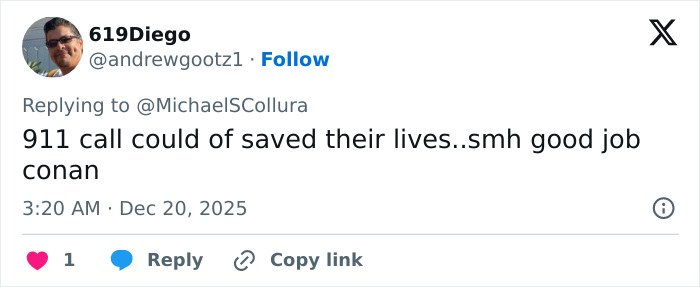 Twitter user praising Conan O’Brien for stopping a 911 call during Nick Reiner’s explosive fight at a party.