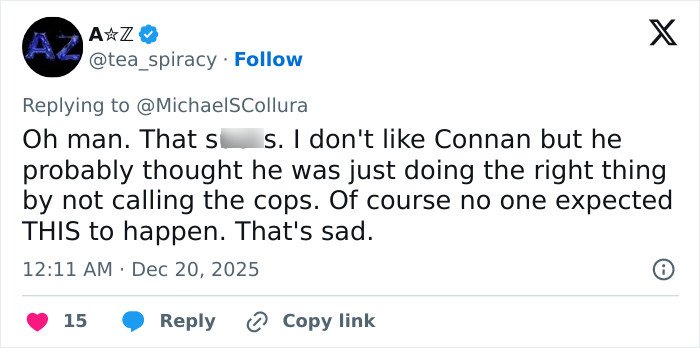 Tweet discussing Conan O’Brien stopping a 911 call during Nick Reiner’s explosive fight causing fear at a party.