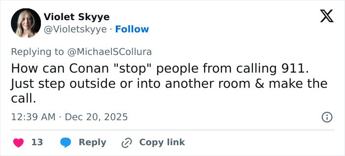 Tweet by Violet Skyye discussing Conan O’Brien stopping 911 calls during Nick Reiner’s explosive fight at party.