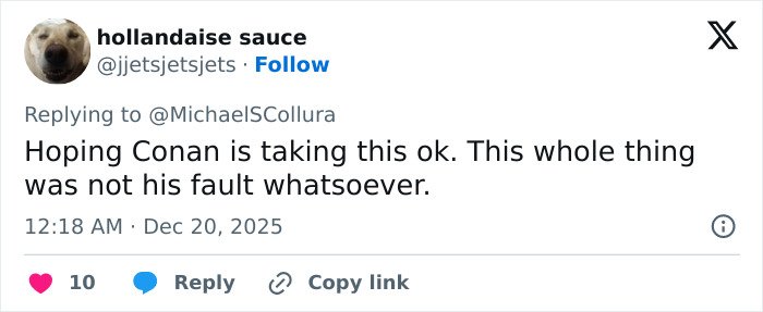 Tweet discussing Conan O’Brien’s involvement in stopping 911 call during Nick Reiner’s fight with his dad at a party.