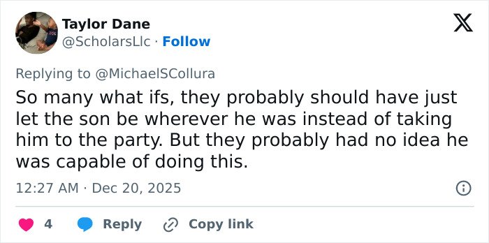Tweet discussing Nick Reiner’s explosive fight with dad at party, mentioning guests' fear and 911 call intervention by Conan O’Brien.