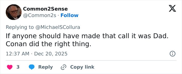 Tweet discussing Conan O’Brien stopping a 911 call during Nick Reiner’s explosive fight with his dad at a party.