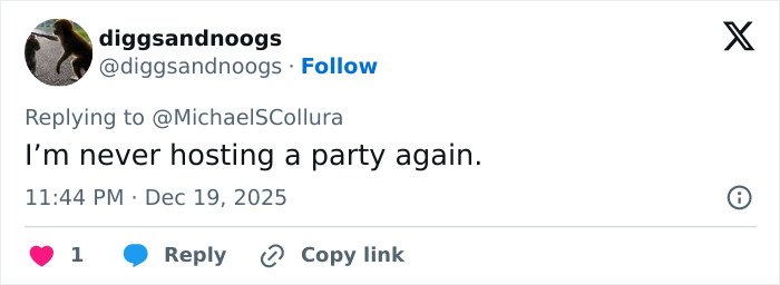 Tweet from user diggsandnoogs saying they will never host a party again after Nick Reiner’s explosive fight with dad terrified guests.