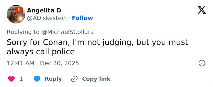 Tweet discussing Conan O’Brien stopping a 911 call amid Nick Reiner’s tense fight with his dad at a party.