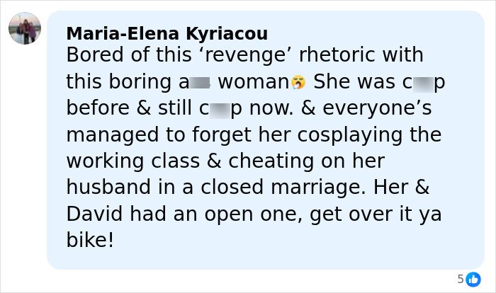 Comment criticizing revenge rhetoric and cheating in a marriage amid continual divorce celebration mentions.