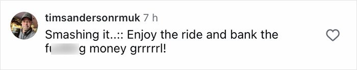 Comment on social media post by timsandersonrmuk reacting enthusiastically to success and wealth, using informal language and strong expression.