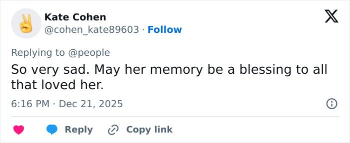 User tweet expressing condolences after George Clooney shares heartfelt tribute following sister Ada’s passing at 65.